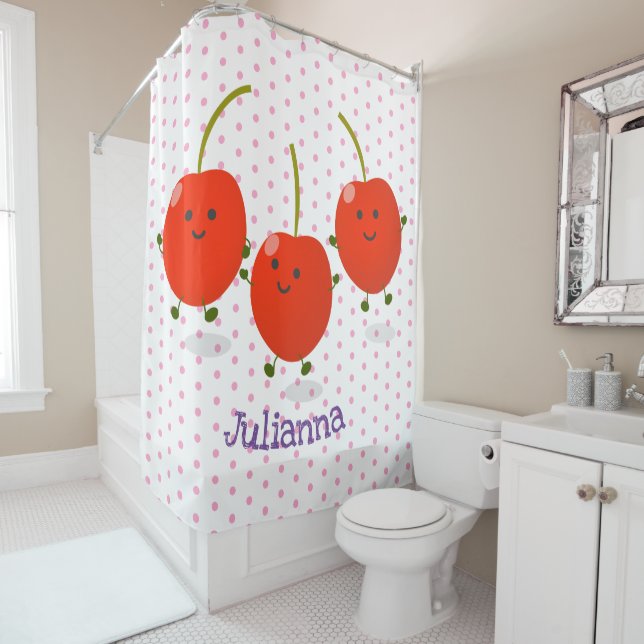 Cute jumping red cherries cartoon illustration shower curtain (In Situ)