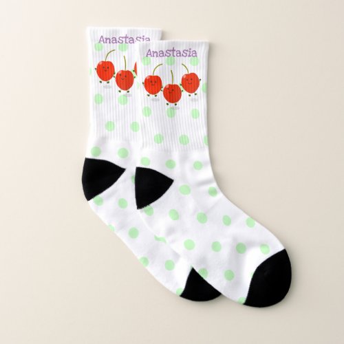 Cute jumping red cherries cartoon illustration socks