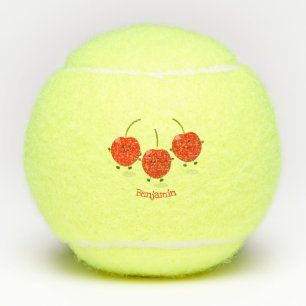 Cute jumping red cherries cartoon illustration tennis balls