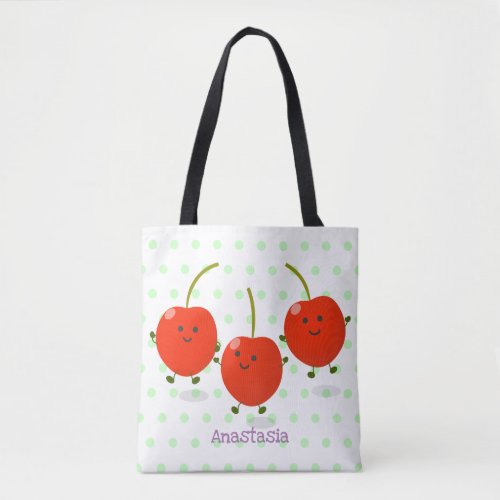 Cute jumping red cherries cartoon illustration tote bag