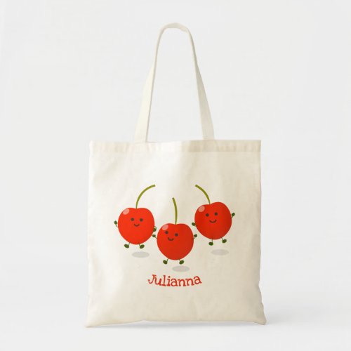 Cute jumping red cherries cartoon illustration tote bag