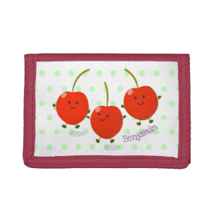 Cute jumping red cherries cartoon illustration trifold wallet