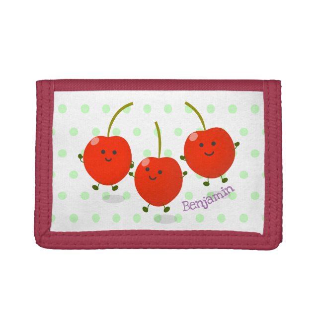 Cute jumping red cherries cartoon illustration trifold wallet (Front)