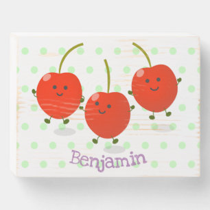 Cute jumping red cherries cartoon illustration wooden box sign