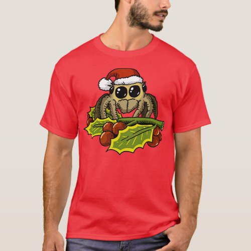 cute jumping spider with christmas hat T_Shirt