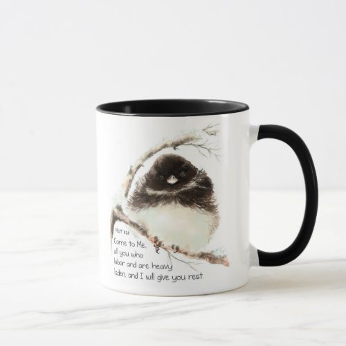 Cute Junco Bird Scripture Matt 1128 Rest Mug