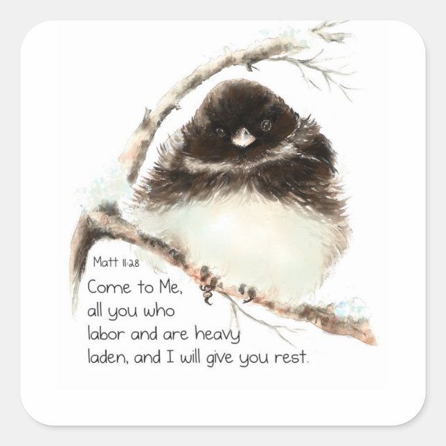 Cute Junco Bird, Scripture, Matt 11:28, Rest Square Sticker (Front)