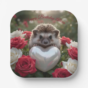 Cute June Hedgehog with Pearl Heart Paper Plates