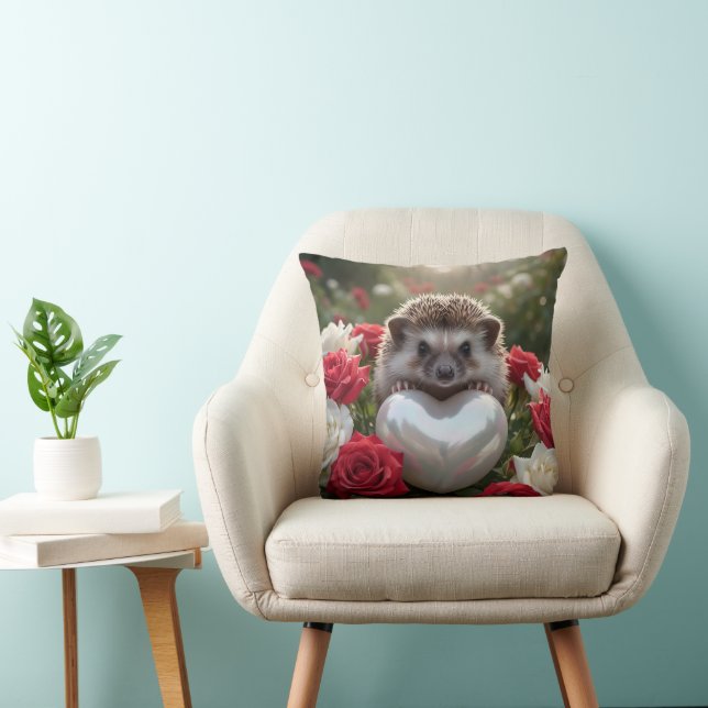 Cute June Hedgehog with Pearl Heart Throw Pillow (Chair)