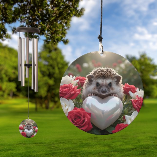 Cute June Hedgehog with Pearl Heart Wind Chime (Outdoor)