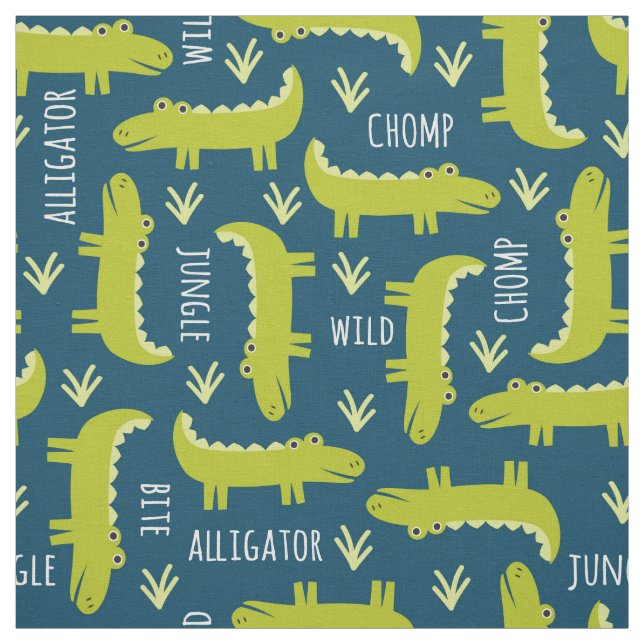 Cute Jungle Alligator Pattern on Navy Blue Fabric (Swatch)