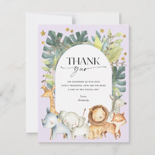 cute jungle animal forest purple baby shower thank you card