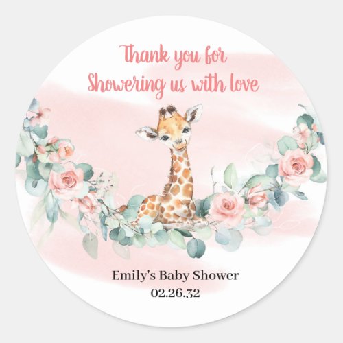 Cute Jungle Animal giraffe Girl Baby Shower  Classic Round Sticker