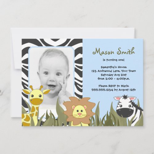Cute Jungle Animal Photo Birthday Blue Personalized Invites