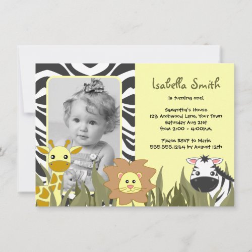 Cute Jungle Animal Photo Birthday Invite