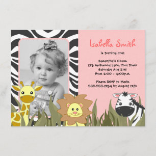 Cute Jungle Animal Pink Photo Birthday Invitation