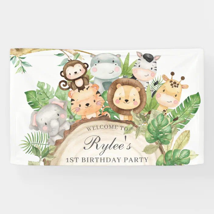 PERSONALISED PHOTO 1st BIRTHDAY BANNER ZOO ANIMALS FIRST PARTY 1st BIRTHDAY 