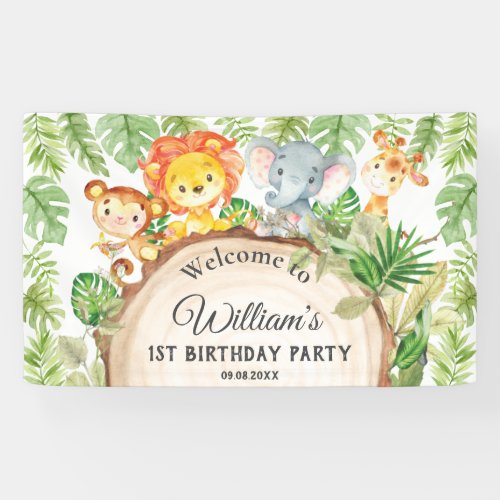Cute Jungle Animals 1st Birthday Welcome Backdrop Banner