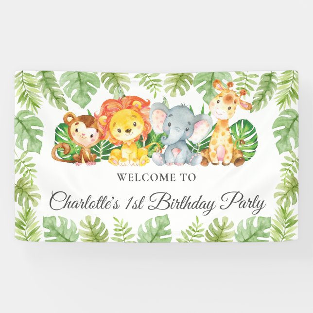 Cute Jungle Animals 1st Birthday Welcome Backdrop  Banner (Horizontal)