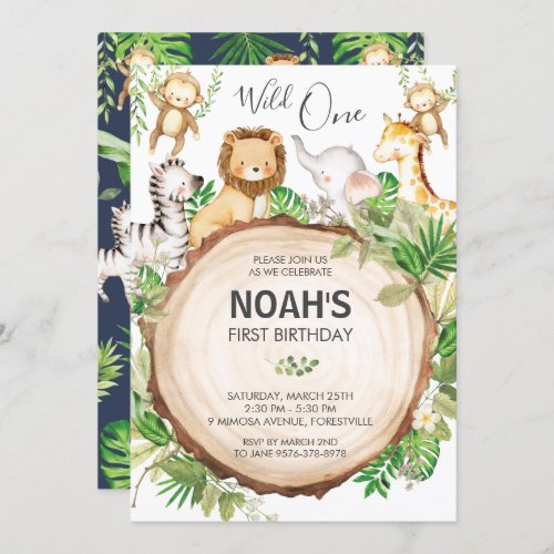 Cute Jungle Animals 1st Birthday Wild One Greenery Invitation