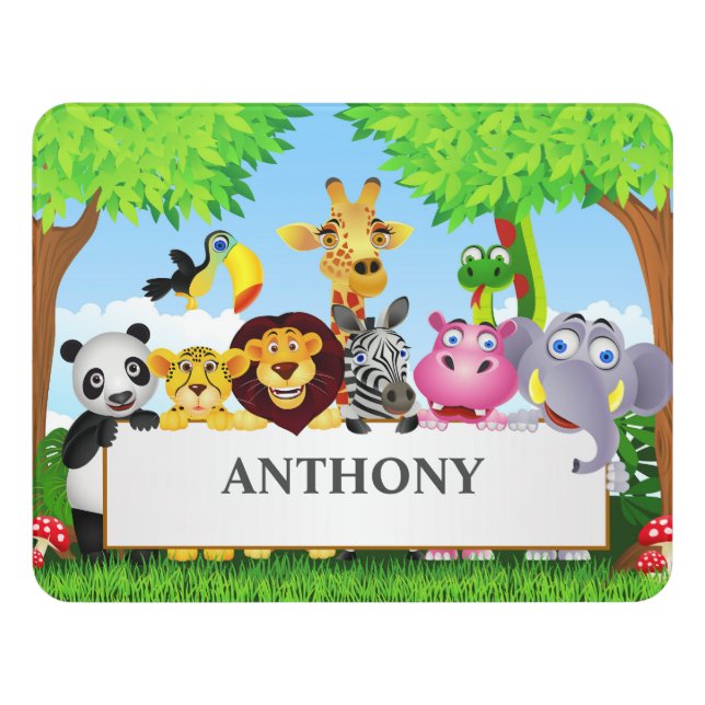 Cute Jungle animals and name Kids door sign  (Contemporary Front)