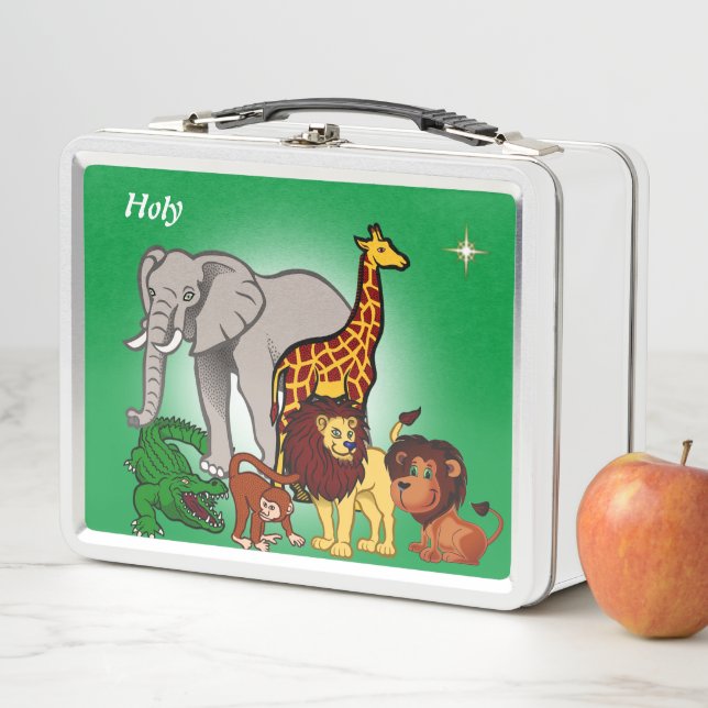 Cute jungle animals and star on green metal lunch box (In Situ)