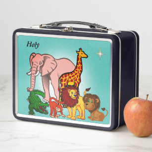 Cute jungle animals and star on light teal blue metal lunch box