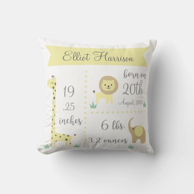Cute Jungle Animals Baby Announcement Pillow (Front)