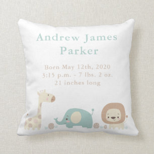 Cute Jungle Animals Baby Boy Announcement Pillow