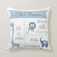 Cute Jungle Animals Baby Boy Announcement Pillow