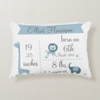 Cute Jungle Animals Baby Boy Announcement Pillow