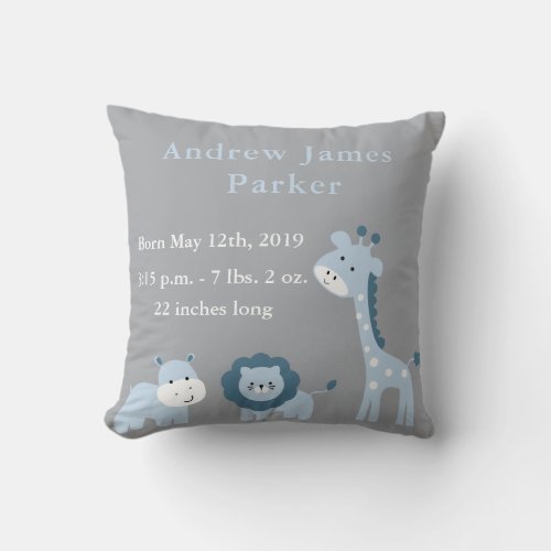 Cute Jungle Animals Baby Boy Announcement Pillow