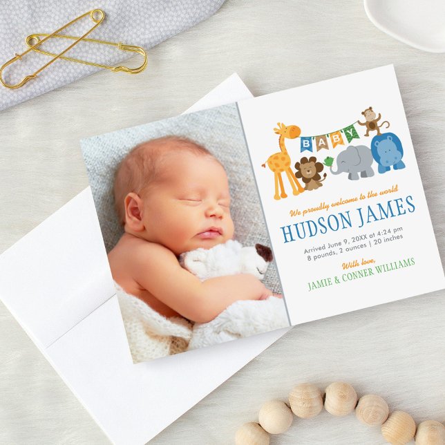 Cute Jungle Animals Baby Boy Blue Landscape Birth Announcement (Creator Uploaded)