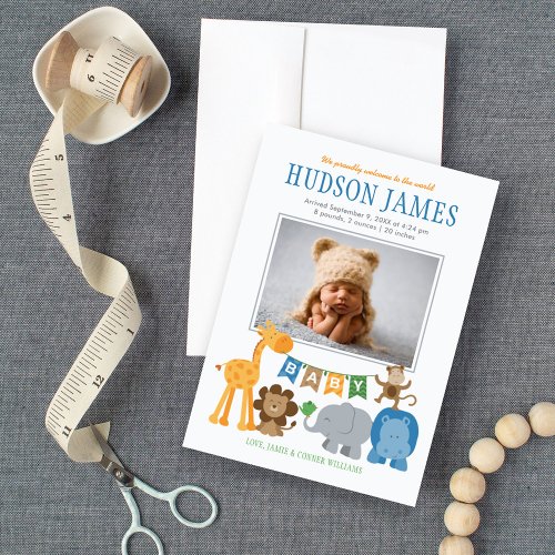 Cute Jungle Animals Baby Boy Blue Photo Birth Announcement