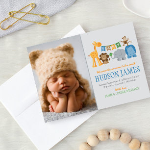 Cute Jungle Animals Baby Boy Gray Landscape Birth Announcement