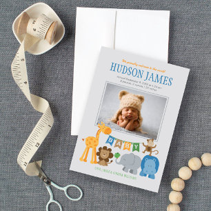 Cute Jungle Animals Baby Boy Gray Photo Birth Announcement