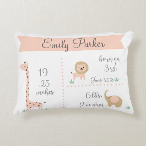 Cute Jungle Animals Baby Girl Announcement Pillow