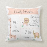 Cute Jungle Animals Baby Girl Announcement Pillow