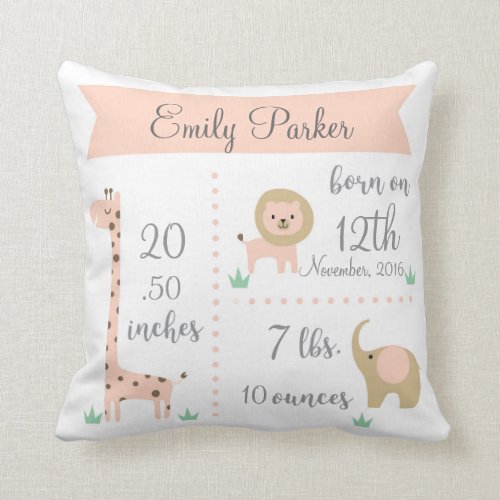 Cute Jungle Animals Baby Girl Announcement Pillow