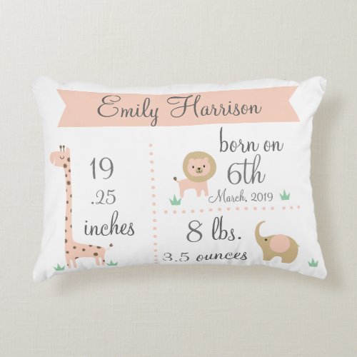 Cute Jungle Animals Baby Girl Announcement Pillow