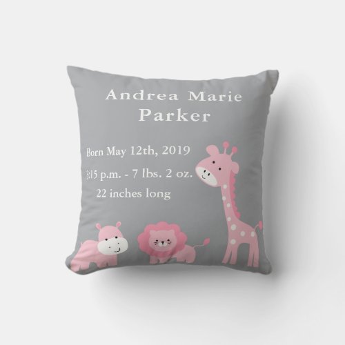 Cute Jungle Animals Baby Girl Announcement Pillow