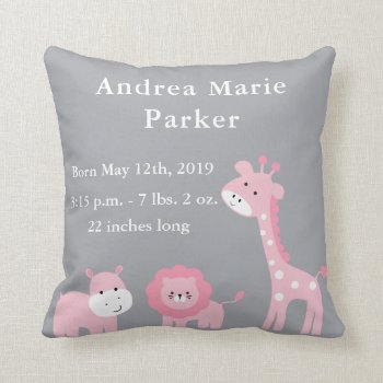 Cute Jungle Animals Baby Girl Announcement Pillow by OS_Designs at Zazzle