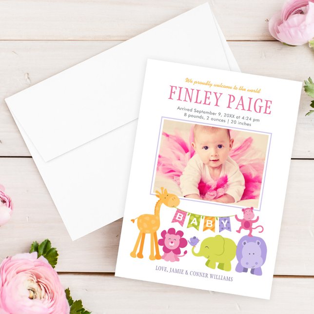 Cute Jungle Animals Baby Girl Pink Photo Birth Announcement (Creator Uploaded)