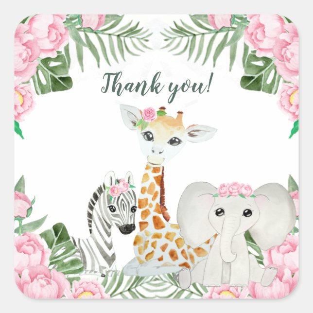 Cute Jungle Animals Baby Girl Shower Favor Square Sticker (Front)