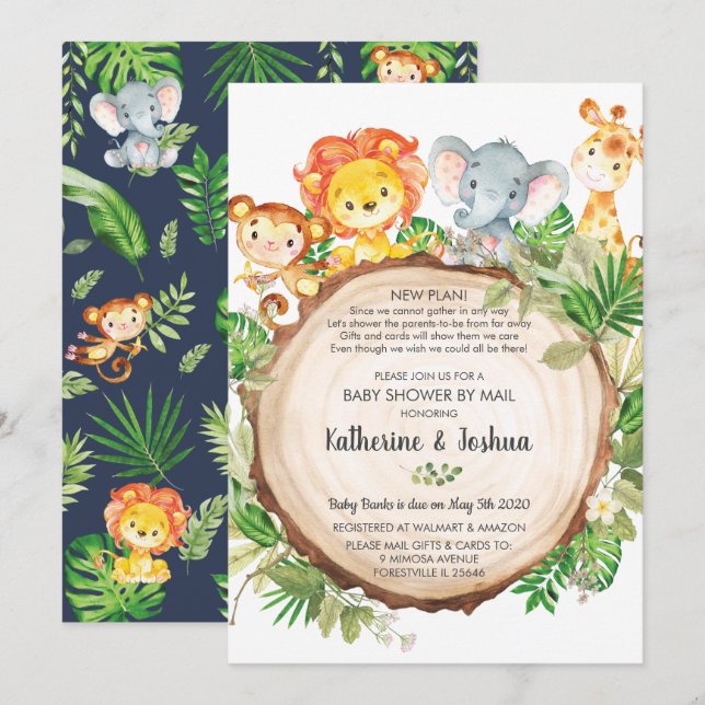 Cute Jungle Animals Baby Shower by Mail Greenery Invitation (Front/Back)