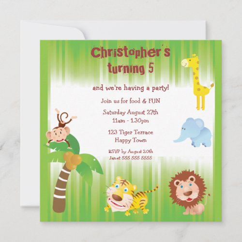 Cute Jungle Animals Birthday Party Invitations