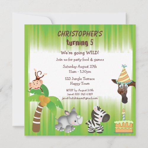 Cute Jungle Animals Birthday Party Custom Invitations