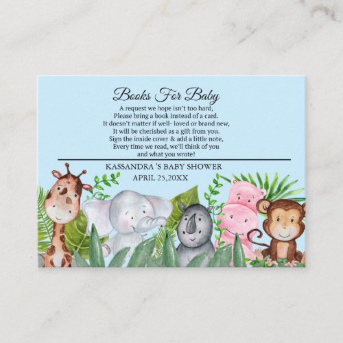 Cute Jungle Animals Blue Baby Shower Book For Baby Enclosure Card