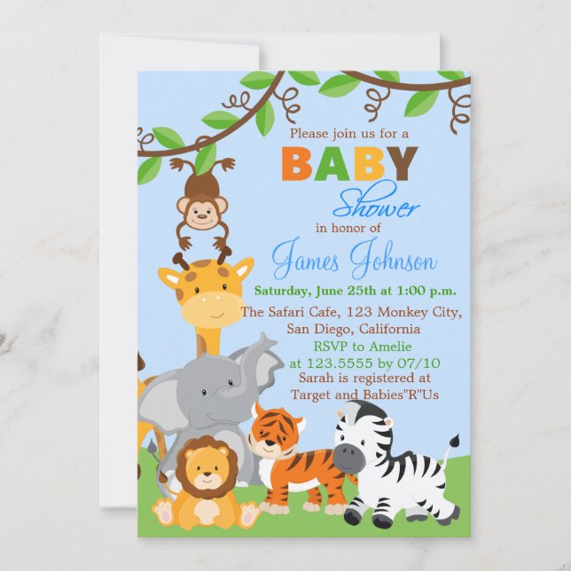 Cute Jungle Animals Boy Baby Shower Invitation (Front)