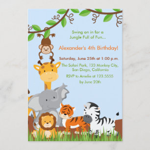 Cute Jungle Animals Boy Birthday Party Invitation